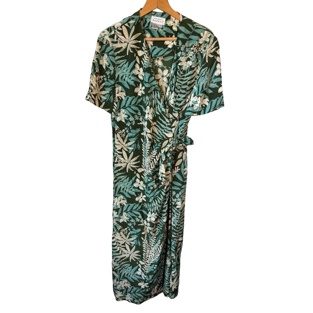 Adrianna Papell Green Classic Wrap Dress 100% Silk Jersey Floral Sz 10 Vintage